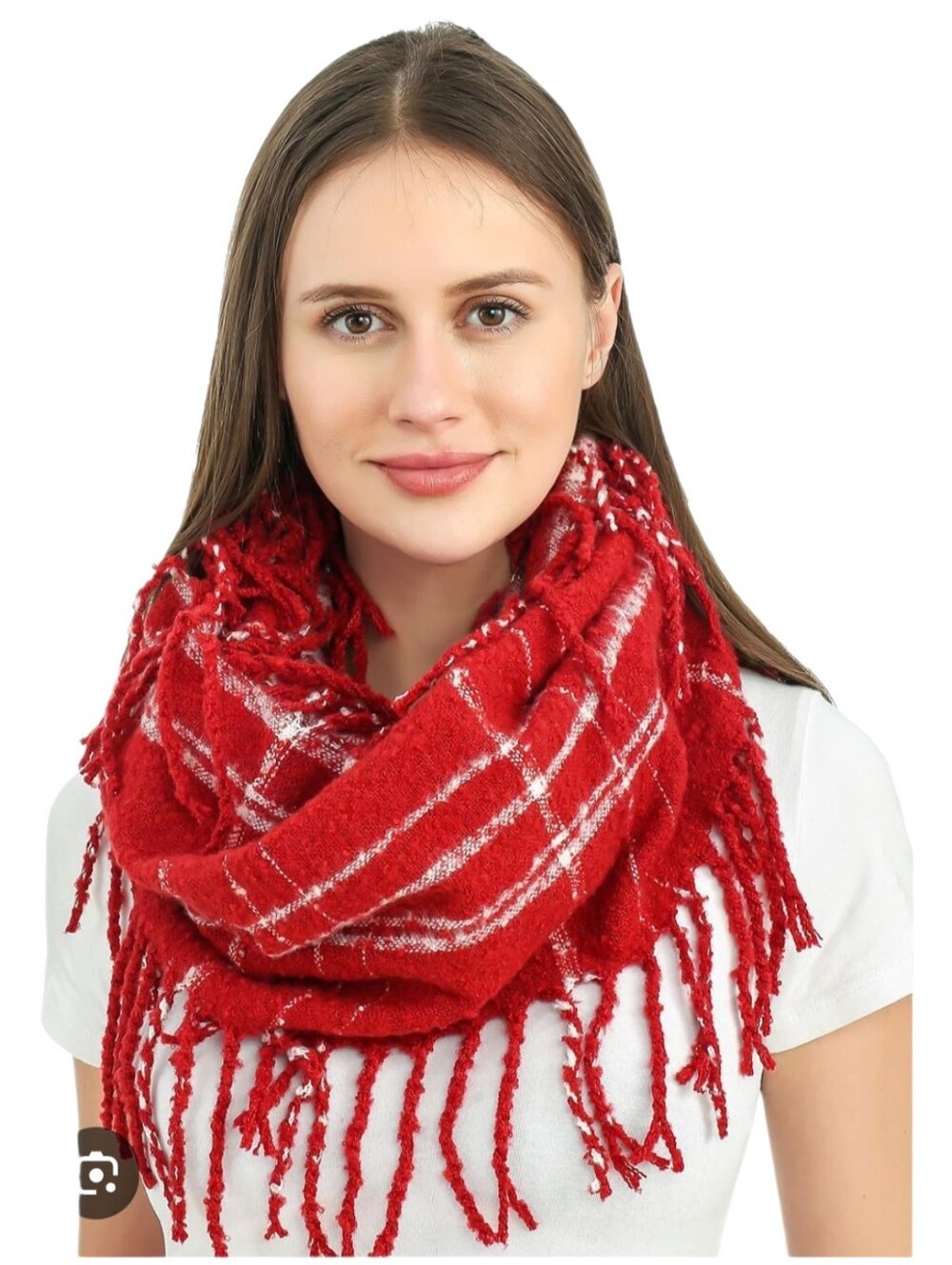 Red White Plaid Fringed Infinity Scarf